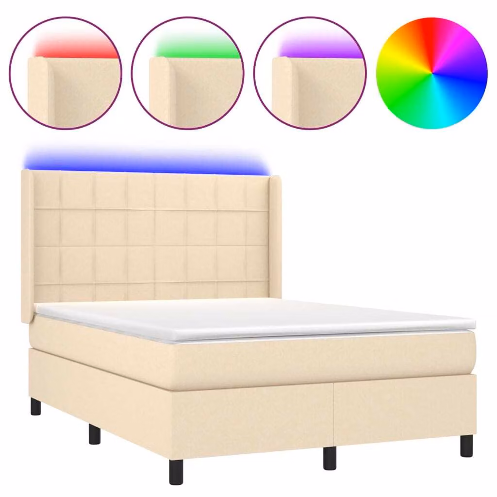 Letto a Molle con Materasso e LED Crema 140x190 cm in Tessuto