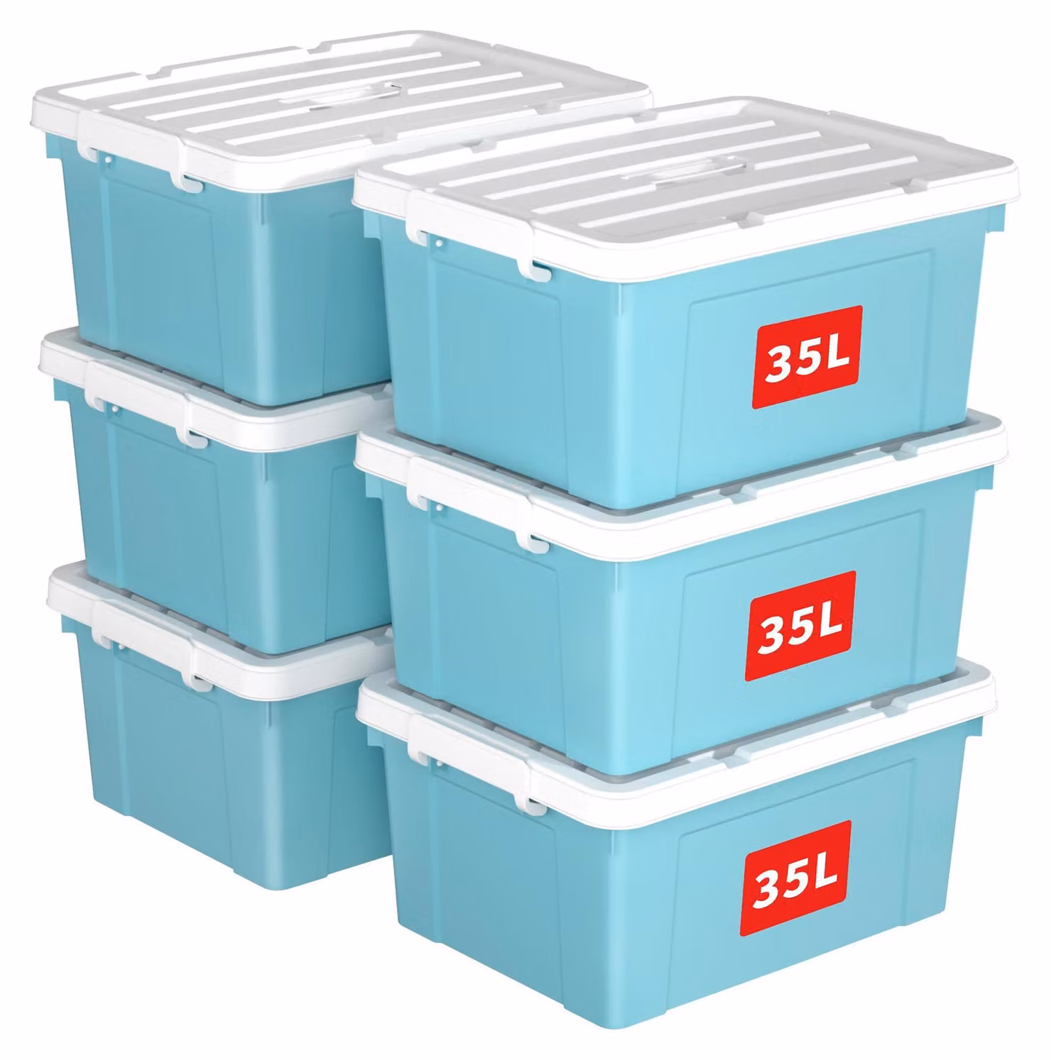 Contenitori Cetomo da 35 litri, confezione da 6, contenitori in plastica portatili con coperchio, organizer