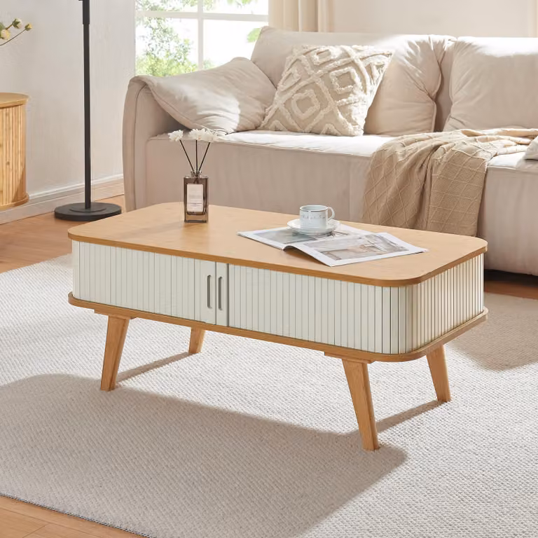 Tavolino 'Tysvær' con 2 ante scorrevoli 100 x 50 x 40 cm bambù / bianco panna