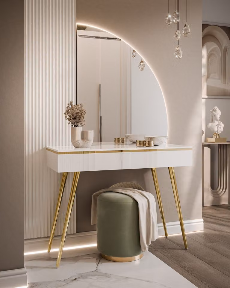 Tavolo da trucco AURORA-SQ con specchio bianco lucido, versione: destra
