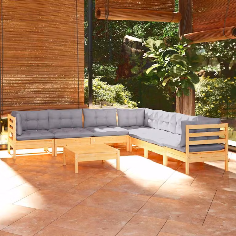 Set di Divani da Giardino vidaXL 8 pz in Legno di Pino Massello con Cuscini Grigi a Forma di L