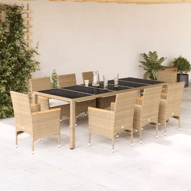 Set da pranzo da giardino vidaXL in polyrattan e legno di acacia con cuscini beige e tavolo in vetro bianco, 9 pezzi