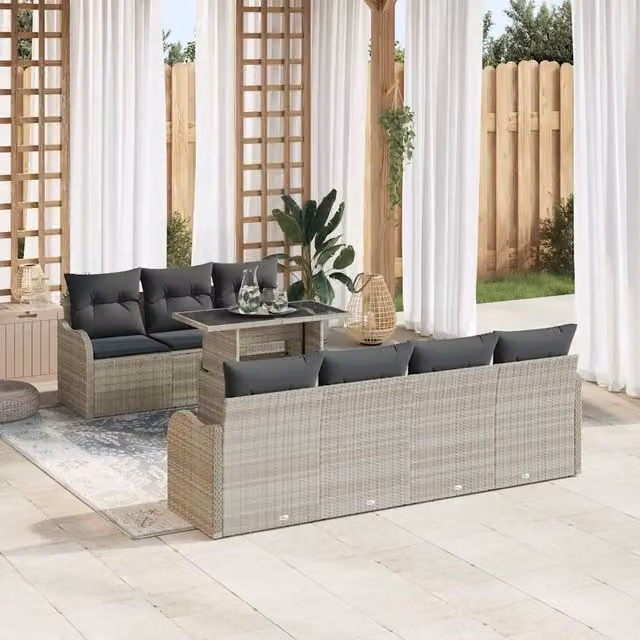 Set Divano da Giardino vidaXL 8 Pezzi Grigio con Tavolino da Caffè e Cuscini in Poliestere Resistente ai Raggi UV