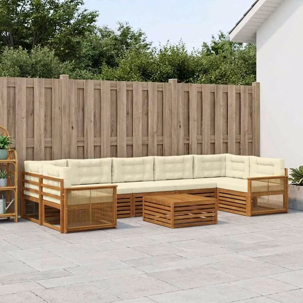 Set di divani da esterno vidaXL 8 pezzi in legno di acacia con cuscini beige e bianco per giardino e terrazza