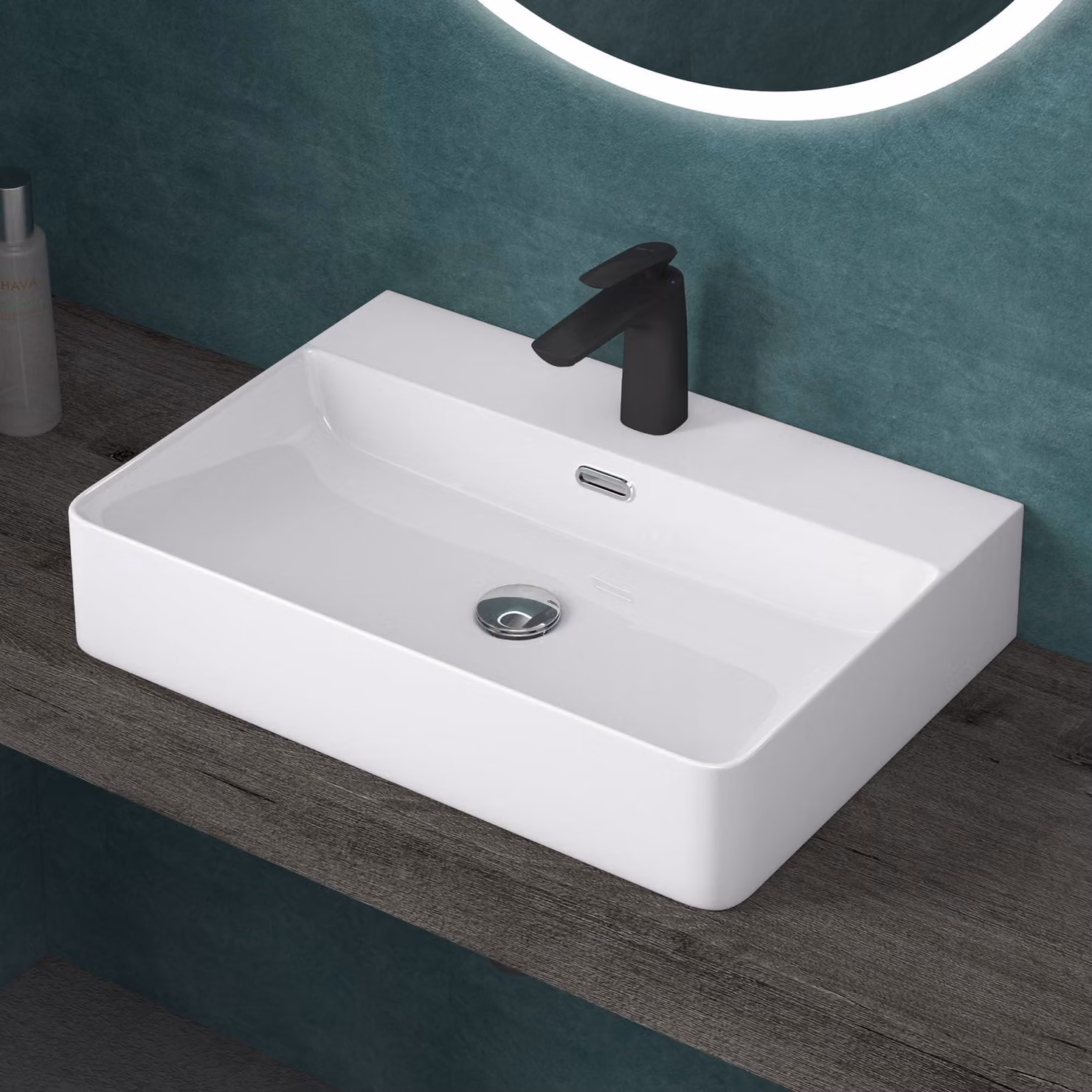doporro Lavabo da Appoggio Lavandino Sospeso Bagno Rettangolare 60 cm in Vetroceramica Bianco Lucido con Foro per Rubinetto e Troppopieno - Meissen201