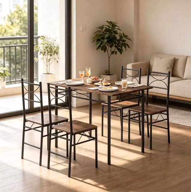 Set da pranzo rustico con tavolo e 4 sedie in MDF e ferro