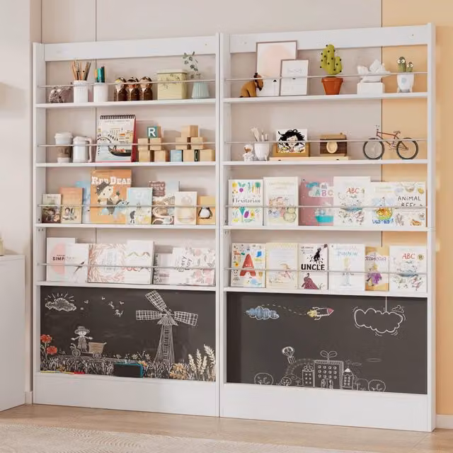 Set di 2 librerie per bambini ultrasottili 200x10x180 cm con lavagna; MDF e metallo bianco