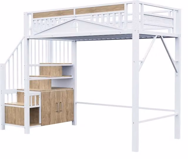 Letto a soppalco 90x200 cm con scala contenitore e recinto di sicurezza; bianco