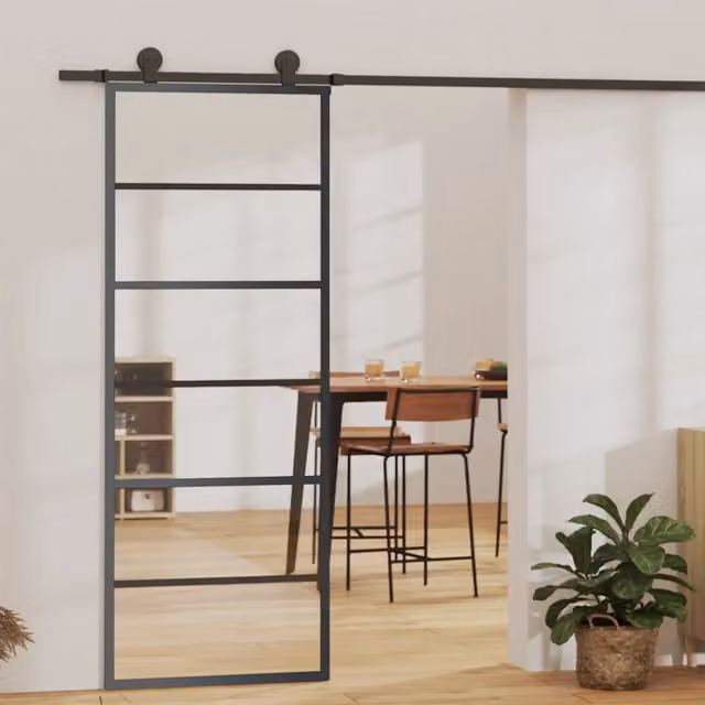 Porta Scorrevole Moderna vidaXL in Vetro Trasparente e Alluminio Nero L: 76 cm, H: 205 cm