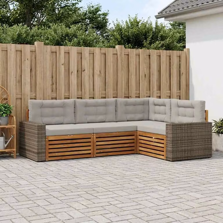 Set di divani da esterno vidaXL a forma di L composto da 4 pezzi in legno di acacia con cuscini inclusi, colori beige, grigio e marrone