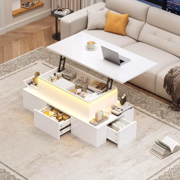 Tavolino da caffè bianco, con piano sollevabile, illuminazione LED, 4 cassetti, realizzato in MDF