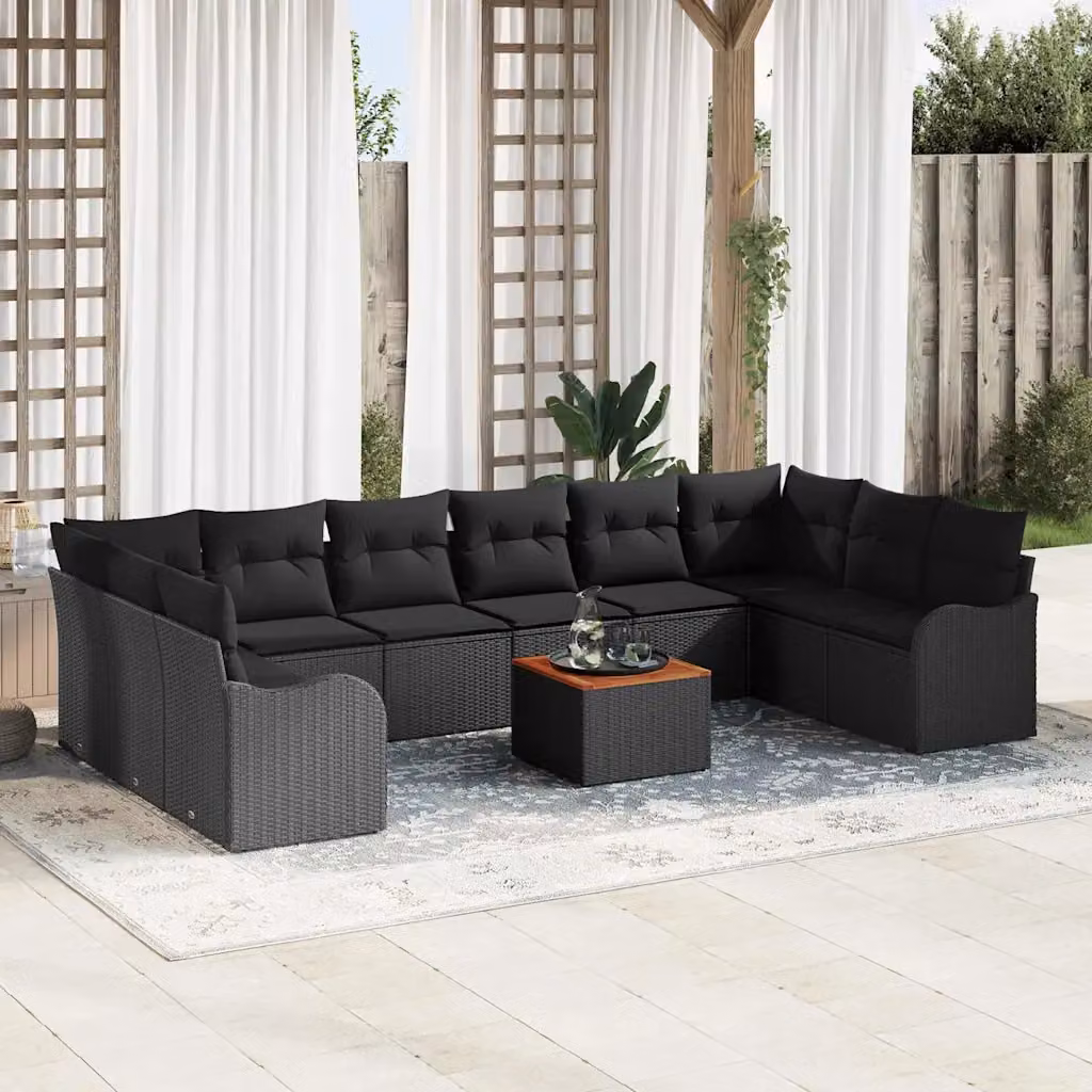 Set Divano da Giardino vidaXL 11 Pezzi L-Shape in Polyrattan Nero con Cuscini e Funzione Archiviazione – 1