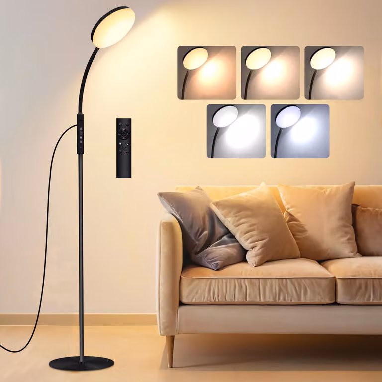 Lampada da terra a LED Dimmerabile a 5 temperature di colore Lampada da terra con timer e collo d'oca regolabile per studio, camera da letto, ufficio, nero