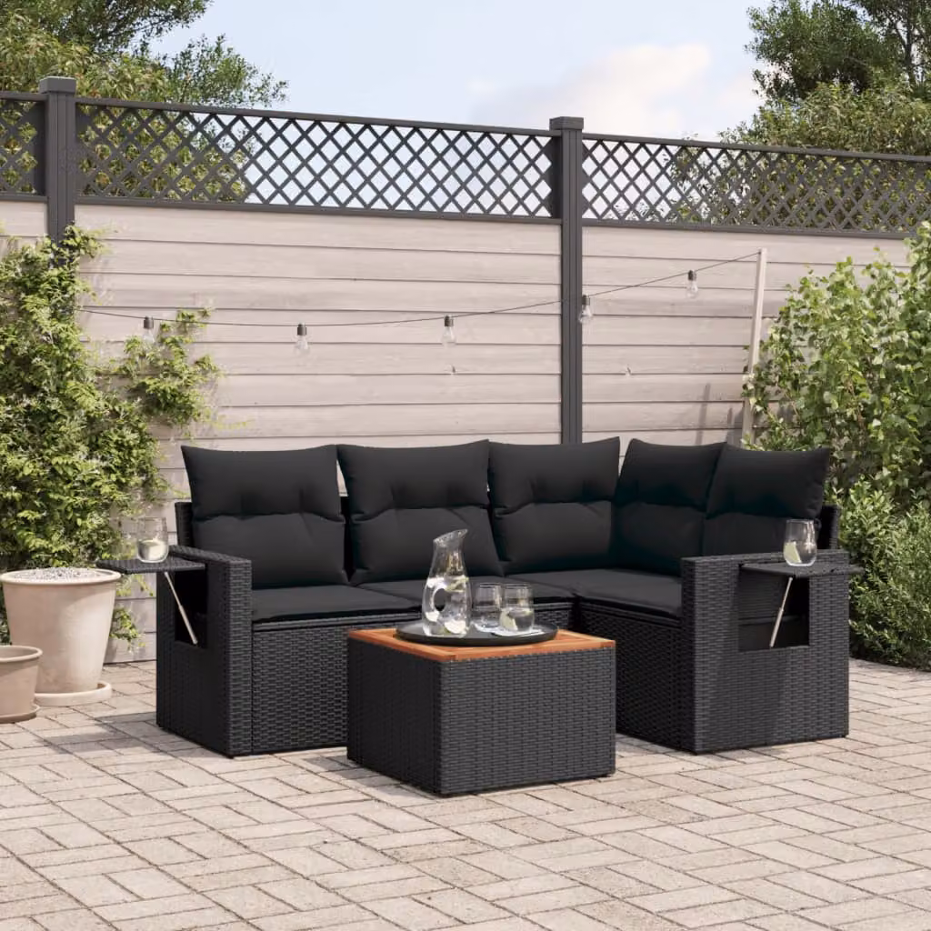 Set di Divani da Giardino vidaXL 5 pz a Forma di L in Polyrattan Nero con Cuscini e Tavolino – 1
