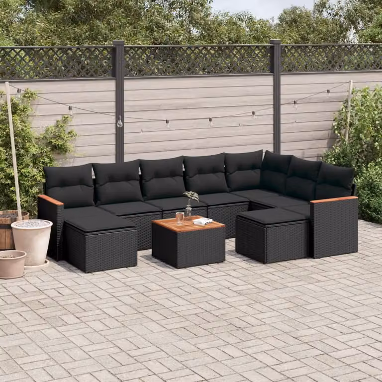 vidaXL Set Divani da Giardino 10 Pezzi in Polyrattan Nero con Cuscini e Tavolino da Esterno