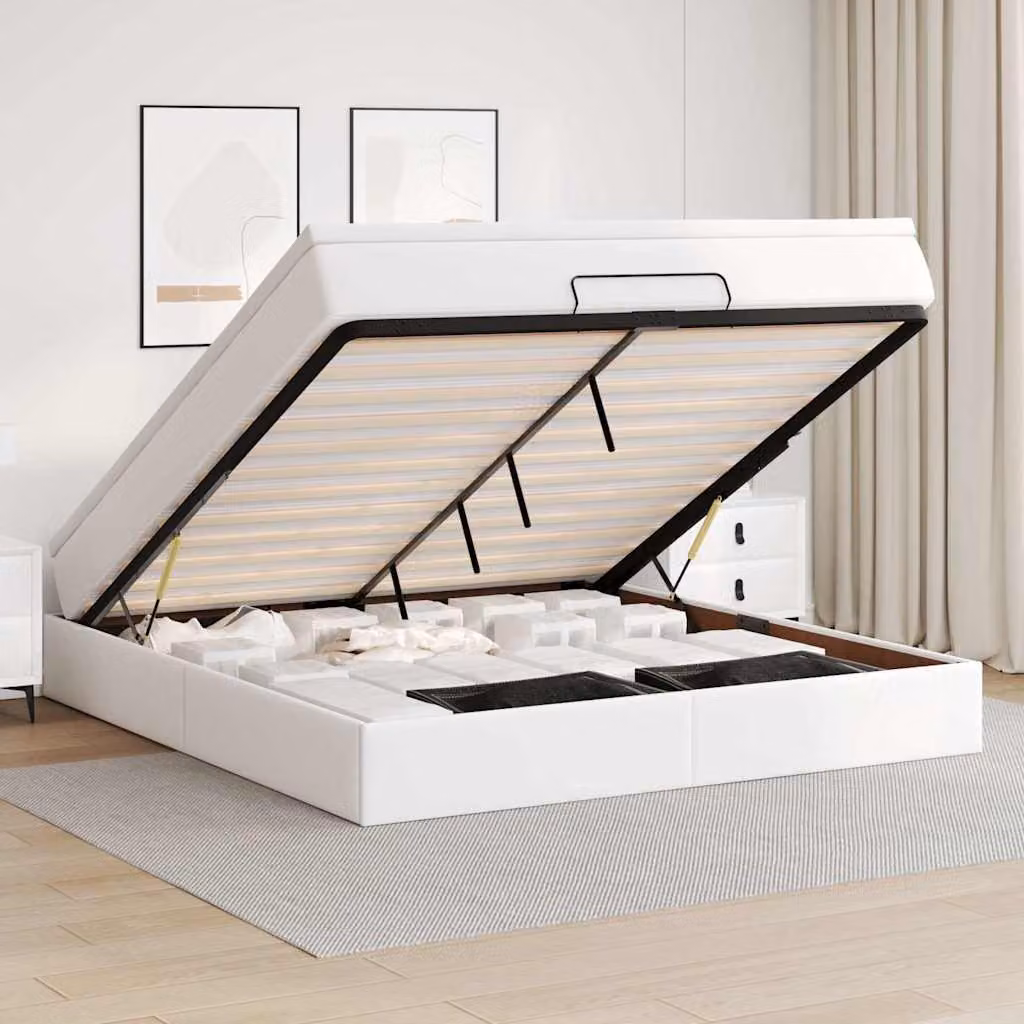 vidaXL Struttura Letto Pouf con Materasso Bianco 180x200 cm Similpelle