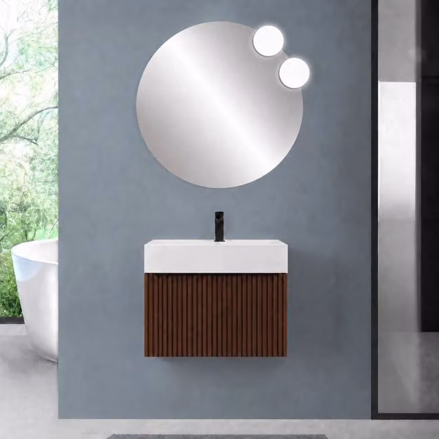 Mobile bagno sospeso 80 cm noce maya con un cassetto e lavabo alto in resina Nara