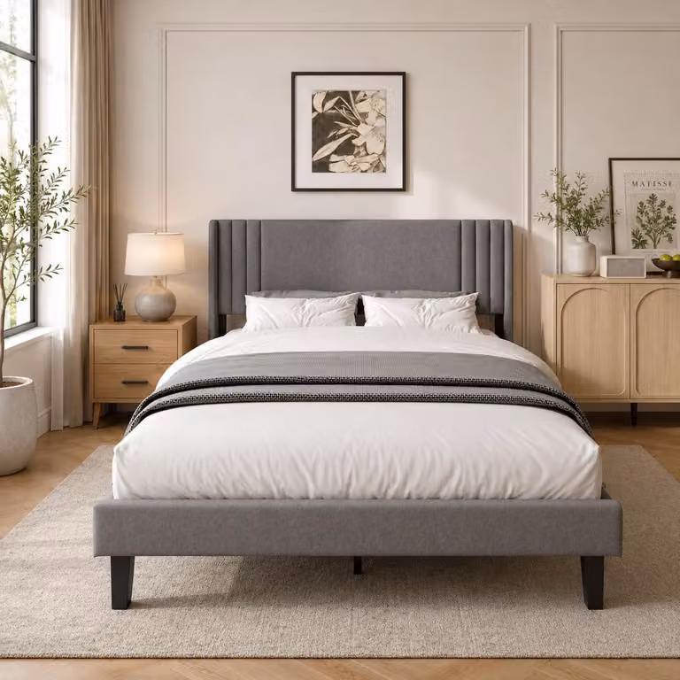 Letto imbottito INONEFT, 140x200 cm, matrimoniale con spazio contenitore sotto il letto, struttura letto per ragazzi con testiera e rete a doghe, senza materasso, colore grigio lino