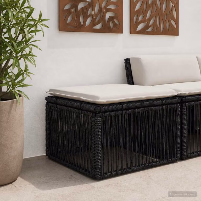 Poggiapiedi vidaXL in polyrattan nero con cuscino incluso per giardino L: 55 cm, P: 40 cm, H: 37 cm