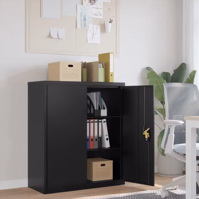 Armadio Classificatore Moderno vidaXL in Metallo Nero con Ante a Battente e Ripiani Regolabili L: 90 cm, P: 40 cm, H: 105 cm – 1