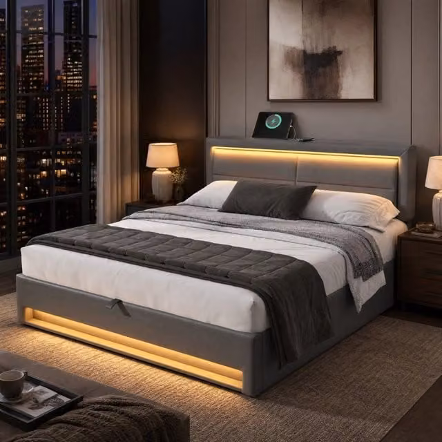 Letto imbottito 140x190 cm con USB; LED e contenitore; PU; grigio