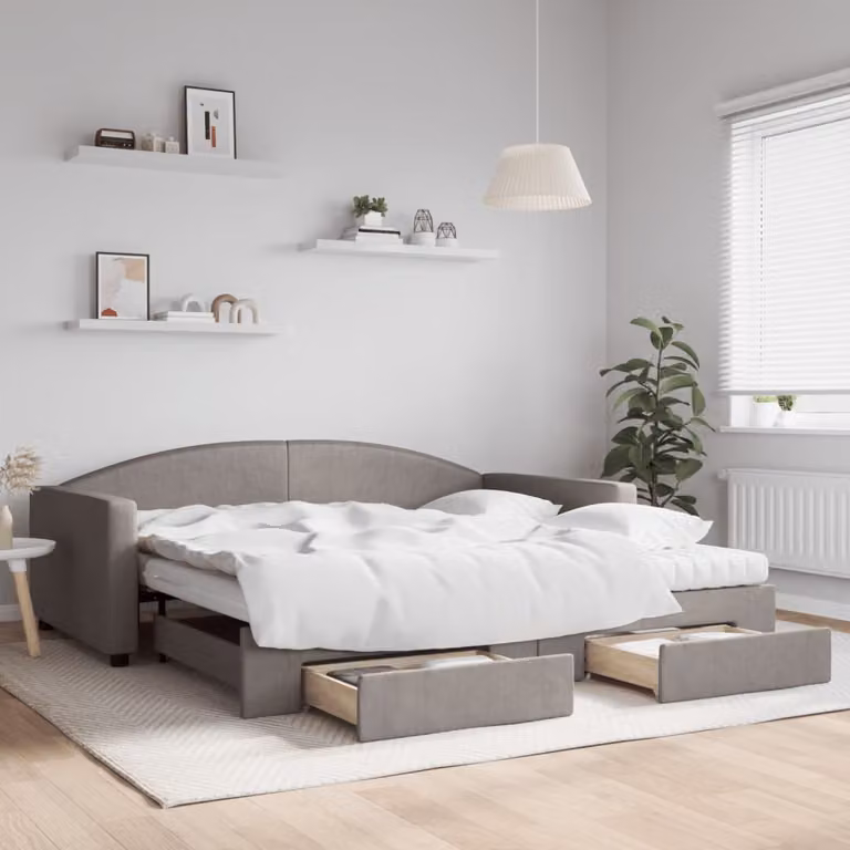 vidaXL Divano Letto Estraibile con Cassetti in Tessuto Beige e Grigio L/P/H: 223 x 100 x 75 cm