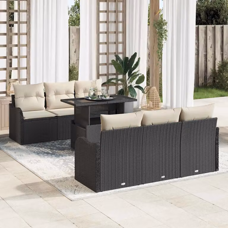 vidaXL Set Divano da Giardino 7 Pezzi in Polyrattan con Cuscini Nero e Beige