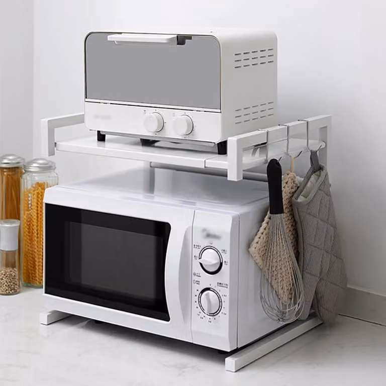 Ripiano per microonde da cucina - Scaffale a due livelli autoportante - Estensibile da 40 a 65 cm - Profondità 42 cm - Capacità di carico fino a 25 kg - Acciaio inossidabile - Bianco