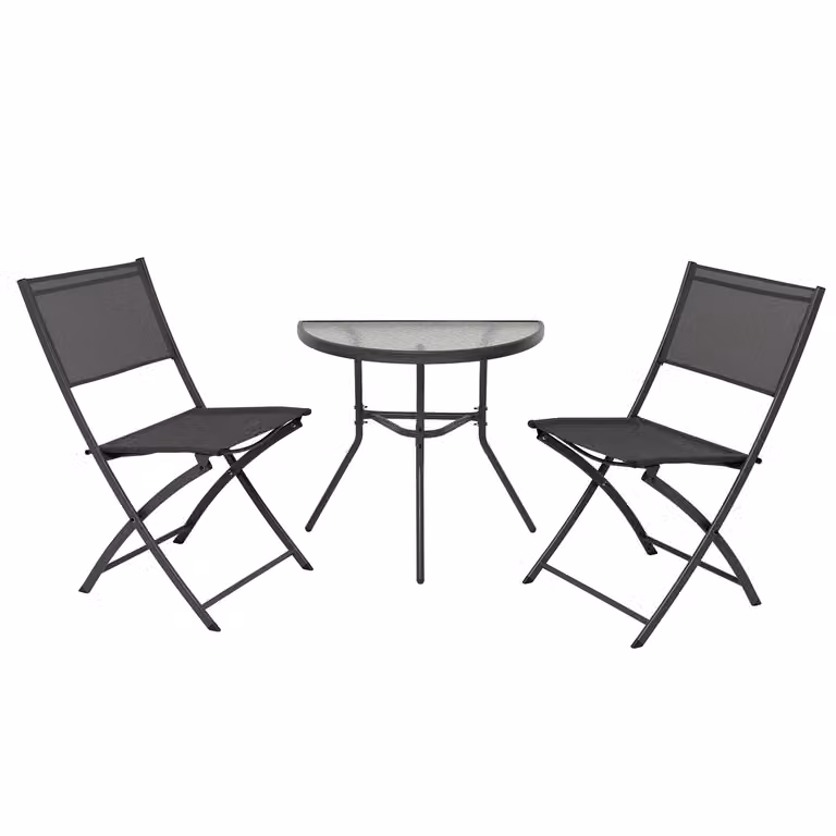 Set da giardino Vestiamo Casa Giardino composto da tavolo rotondo in vetro e 2 sedie richiudibili in acciaio nero per balcone e terrazzo