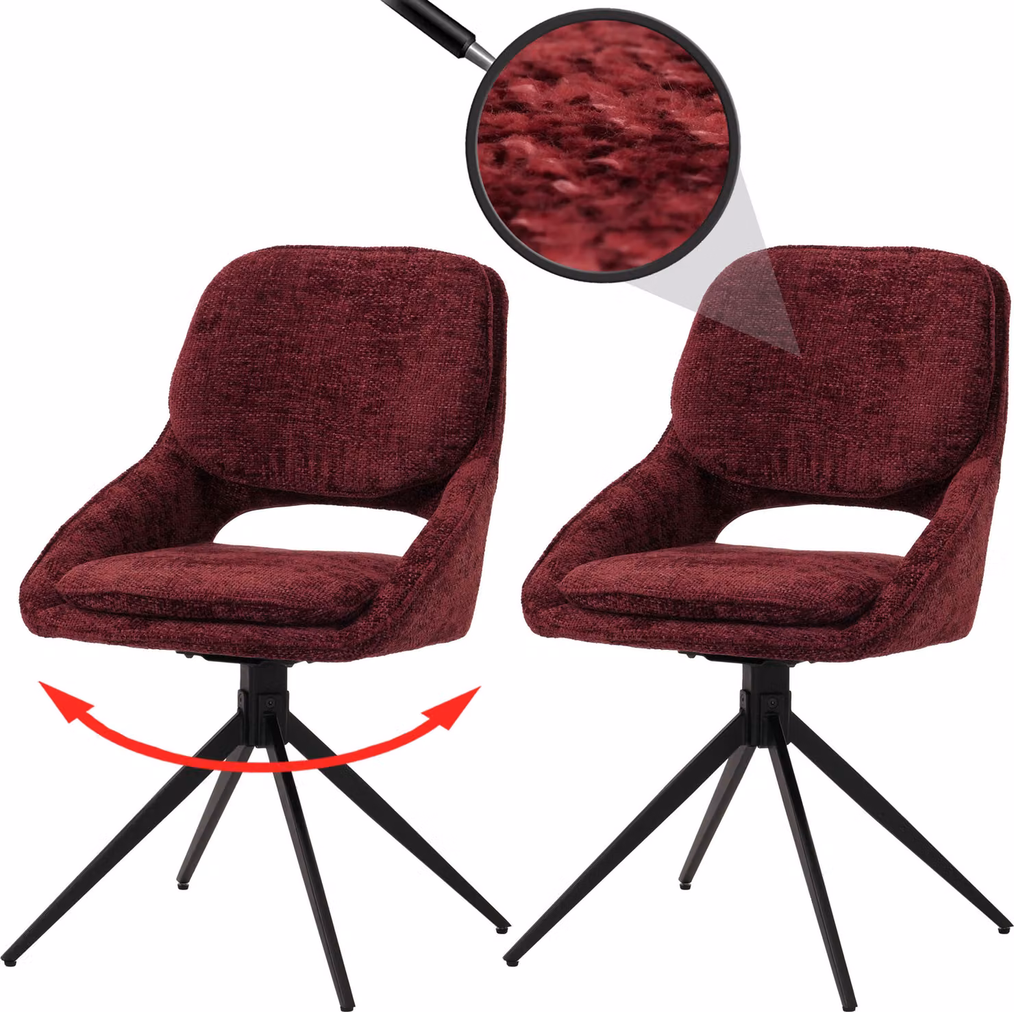 Set di 2 sedie da pranzo HWC-N73, sedie da cucina, girevoli con sistema di ritorno automatico, rivestite in tessuto chenille (490g/m²), colore bordeaux
