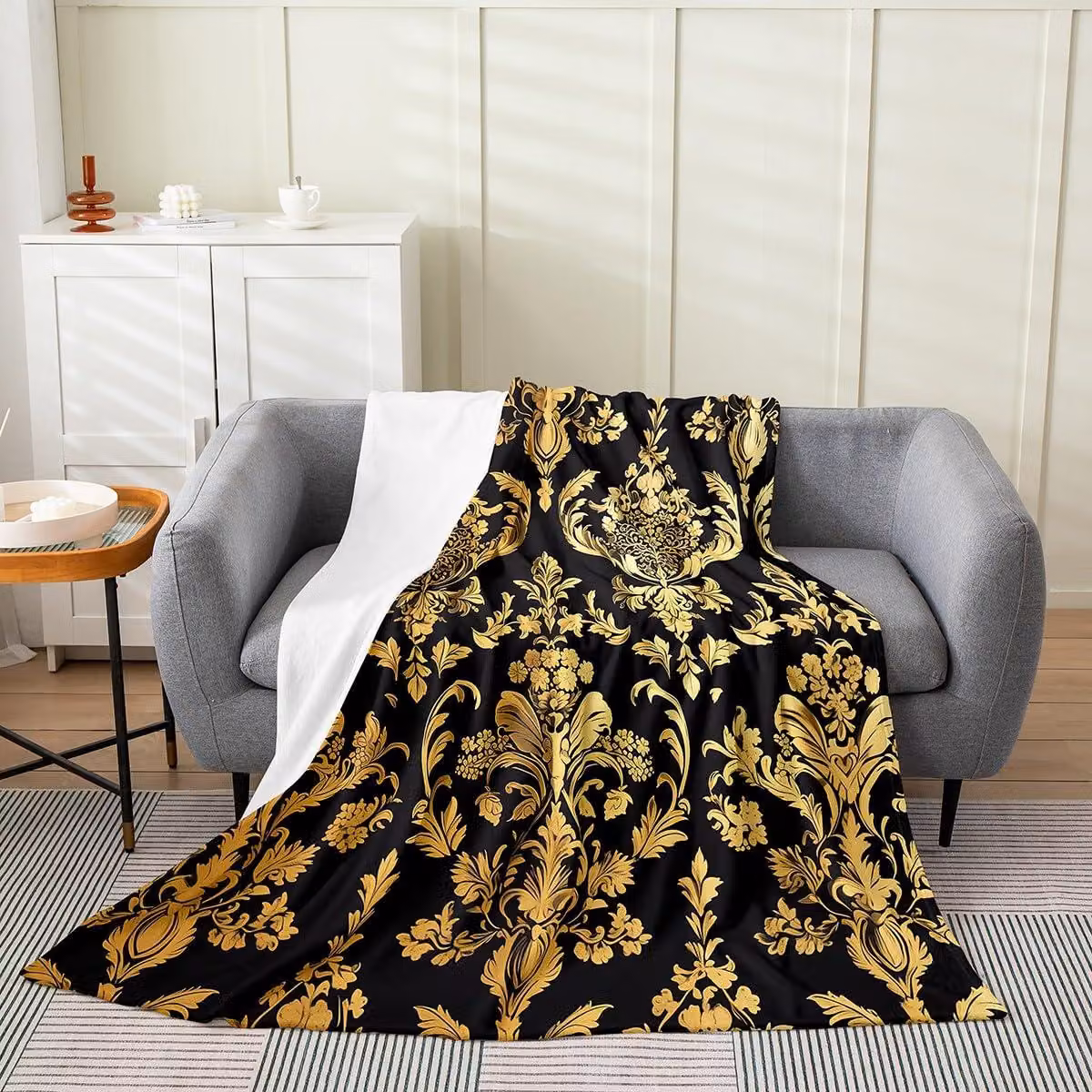 Coperta in pile, 228,6 x 228,6 cm, motivo floreale vintage, stile bohémien gotico