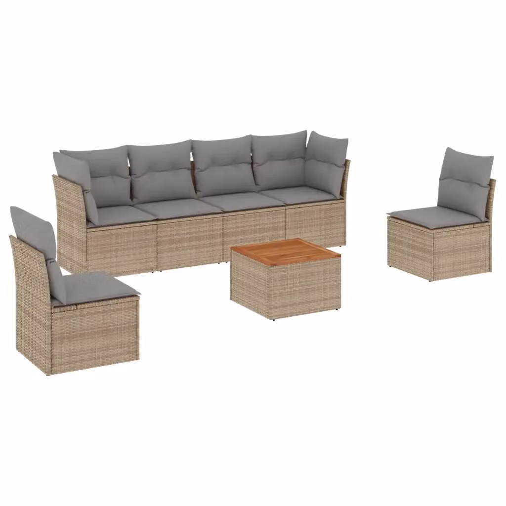 vidaXL Set Divani da Giardino 7 pz a Forma a L in Polyrattan con Cuscini Beige e Tavolino da Esterno – 2