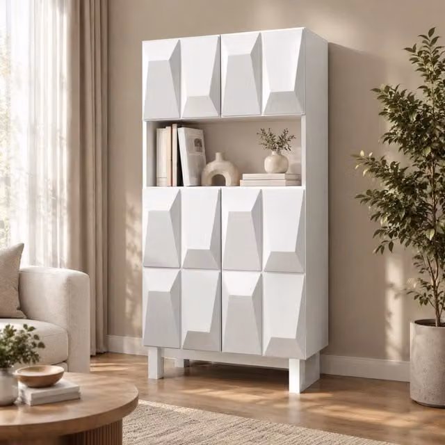 Desviae Vetrina con 4 ante e vano aperto in truciolato bianco con ripiano regolabile per soggiorno studio e ingresso 60,5 × 34 × 135,5 cm