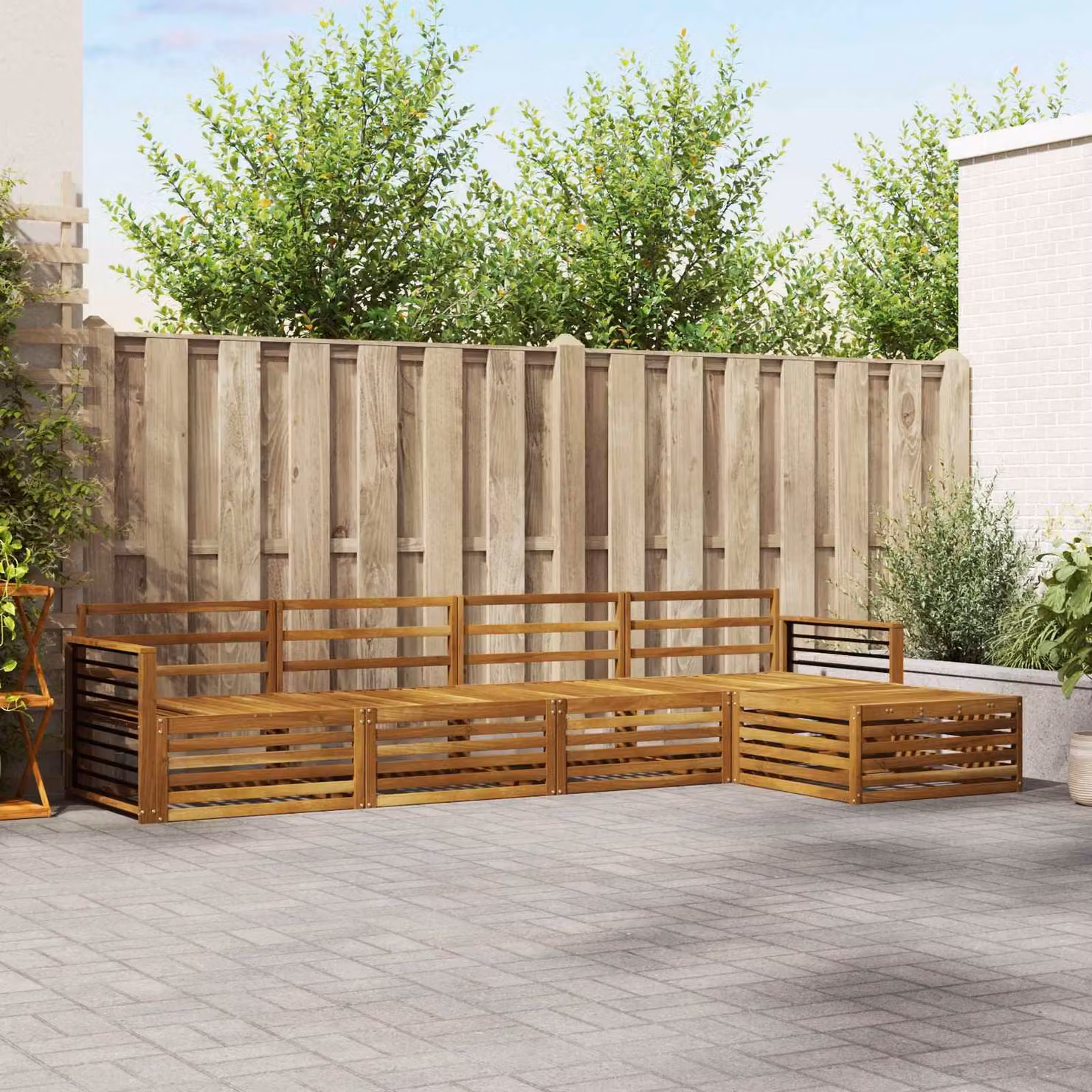 vidaXL Set di divani da esterno a L in legno di acacia massello marrone con pouf e cuscini inclusi