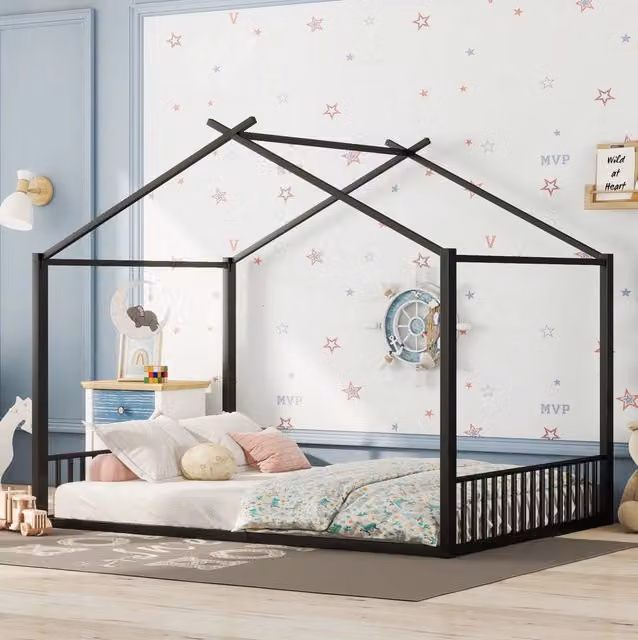 Letto per bambini 140x200 cm in metallo nero con struttura a casetta