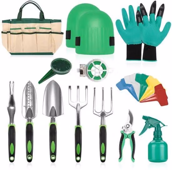 Set di attrezzi da giardino Unyqoos® da 13 pezzi: 12 utensili + borsa portaoggetti, acciaio inossidabile, impugnature in gomma ergonomiche, guanti con punte e protezioni per le ginocchia