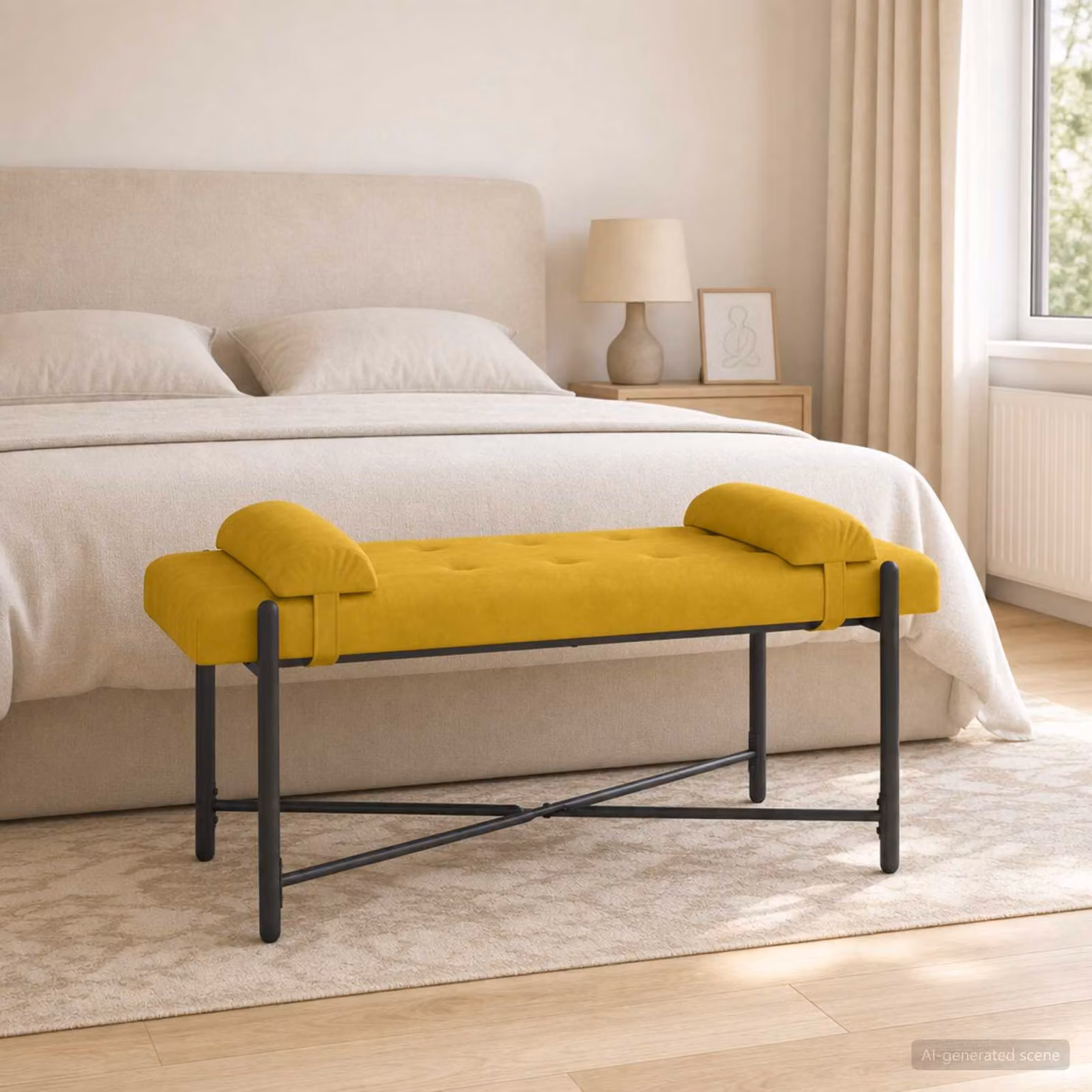 Panchina vidaXL in velluto giallo con bottoni e cuscini, L 110 x P 40 x H 46 cm
