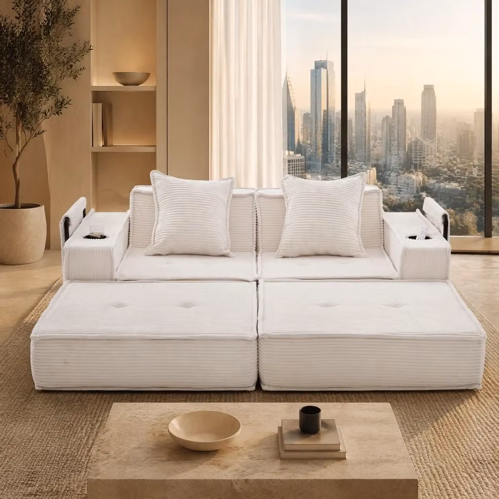 Divano pouf modulare REDOM in velluto a coste beige con 2 cuscini L: 162 cm, P: 78 cm, H: 66 cm – 2