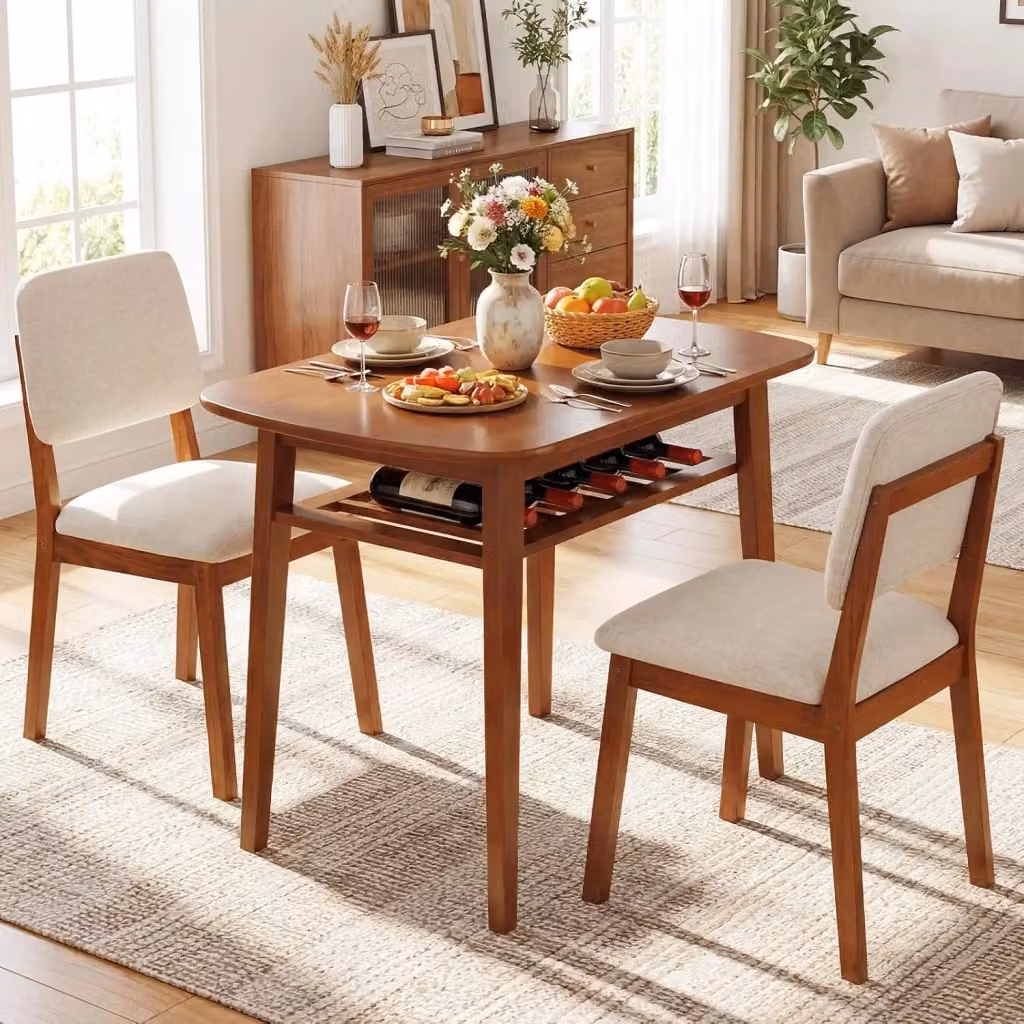 Set da pranzo Costway composto da tavolo e 2 sedie in legno di gomma marrone con sedute imbottite beige – 2