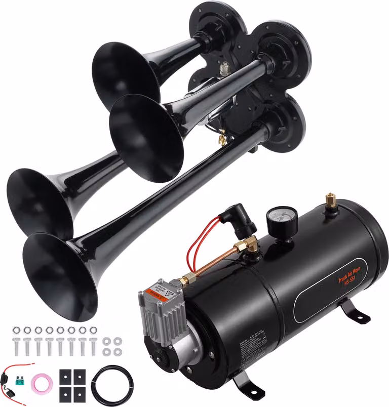SucceBuy set di trombe da treno, 4 trombe ad aria compressa, 150 dB per pick-up, compressore da 12 V 120 psi, serbatoio da 0,8 galloni con manometro per auto, camion, furgoni, imbarcazioni