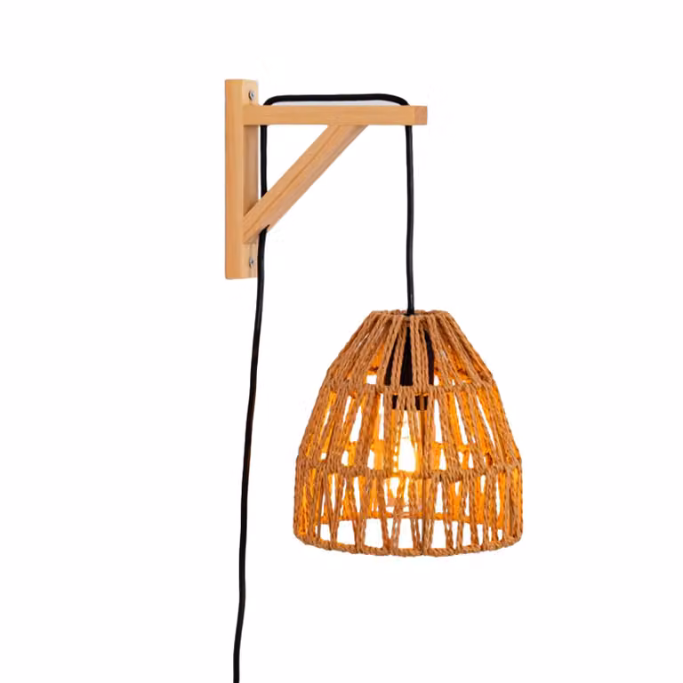 Lampada da parete in legno con paralume in corda intrecciata, attacco E27 e interruttore "SEOUL"