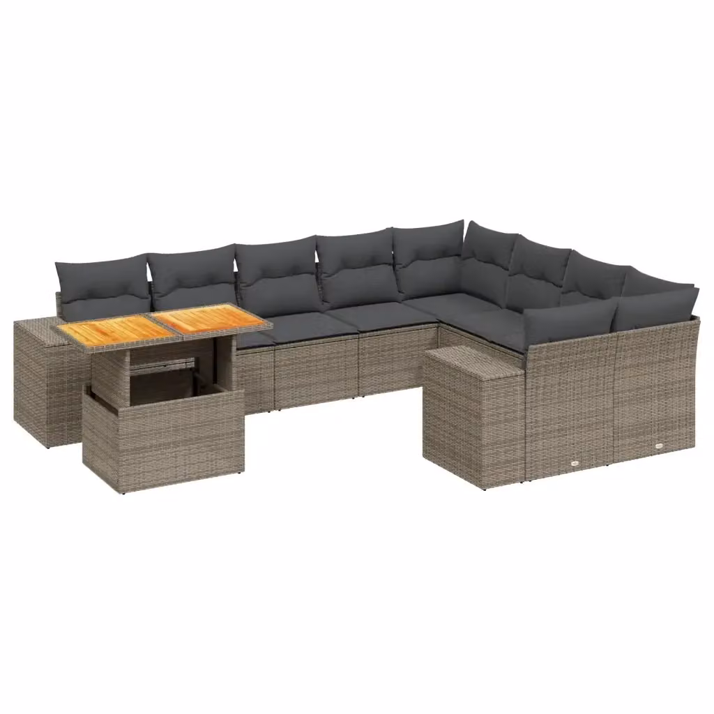 vidaXL Set Divano da Giardino 10 pz a Forma a L in Polyrattan Grigio con Cuscini Imbottiti e Tavolino – 2
