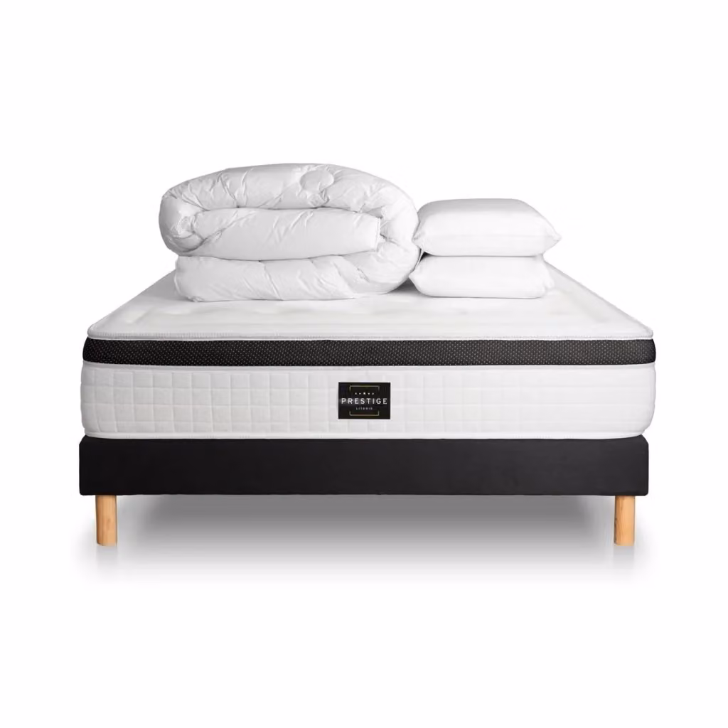 Set letto completo Prestige Literie Privilège bianco con materasso in schiuma 200x200 cm, box spring con doghe, 2 cuscini e piumino – 2