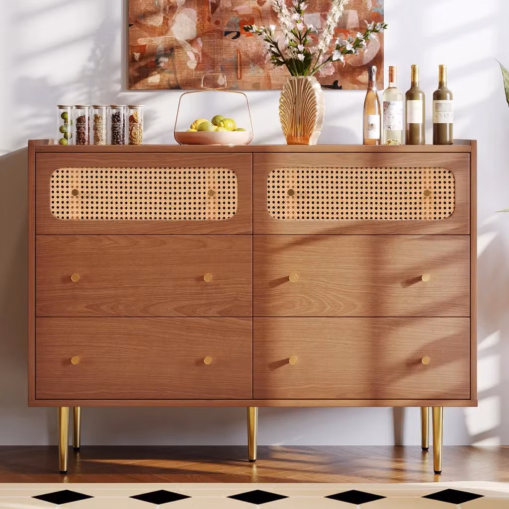 Cassettiera vintage WISHDOR con 6 cassetti in effetto noce e dettagli in rattan con gambe in metallo, Larghezza: 120 cm – 2