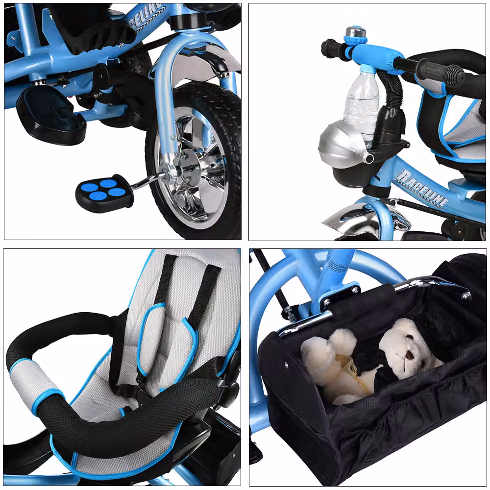 Triciclo passeggino Spielwerk per bambini blu con cappottina, maniglia regolabile e freno – 3