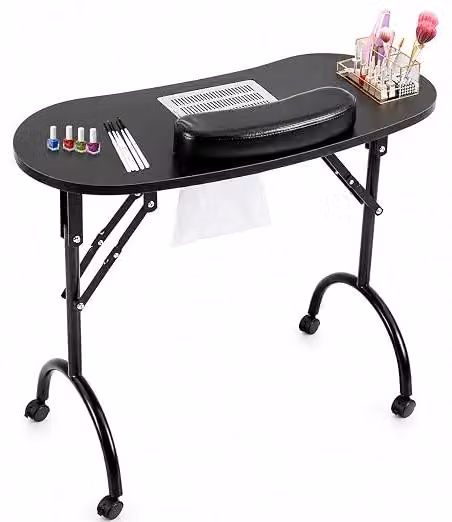 Tavolo da lavoro per manicure con aspirazione integrata. Tavolo mobile per manicure con ruote (nero). Design pieghevole. Portata d'aria: 100 CFM. Include sacchetto aspirapolvere, poggiapolsi e borsa per il trasporto. Ideale per saloni di bellezza e studi