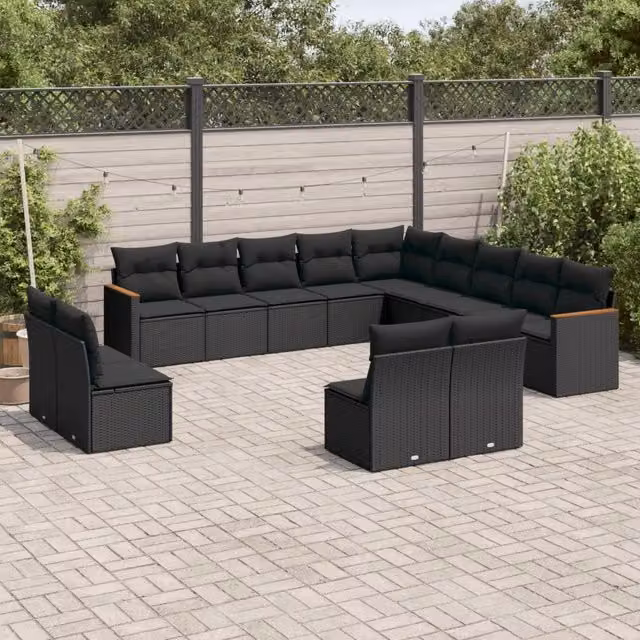 Set di divani da giardino a forma di U VIDAXL in polyrattan nero con 13 pezzi e cuscini inclusi – 1