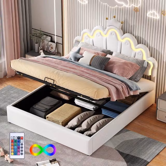 Letto contenitore matrimoniale OKWISH con illuminazione LED sottostante, testiera imbottita e base a sollevamento, bianco, L/P/H: 140 x 200 x 41 cm