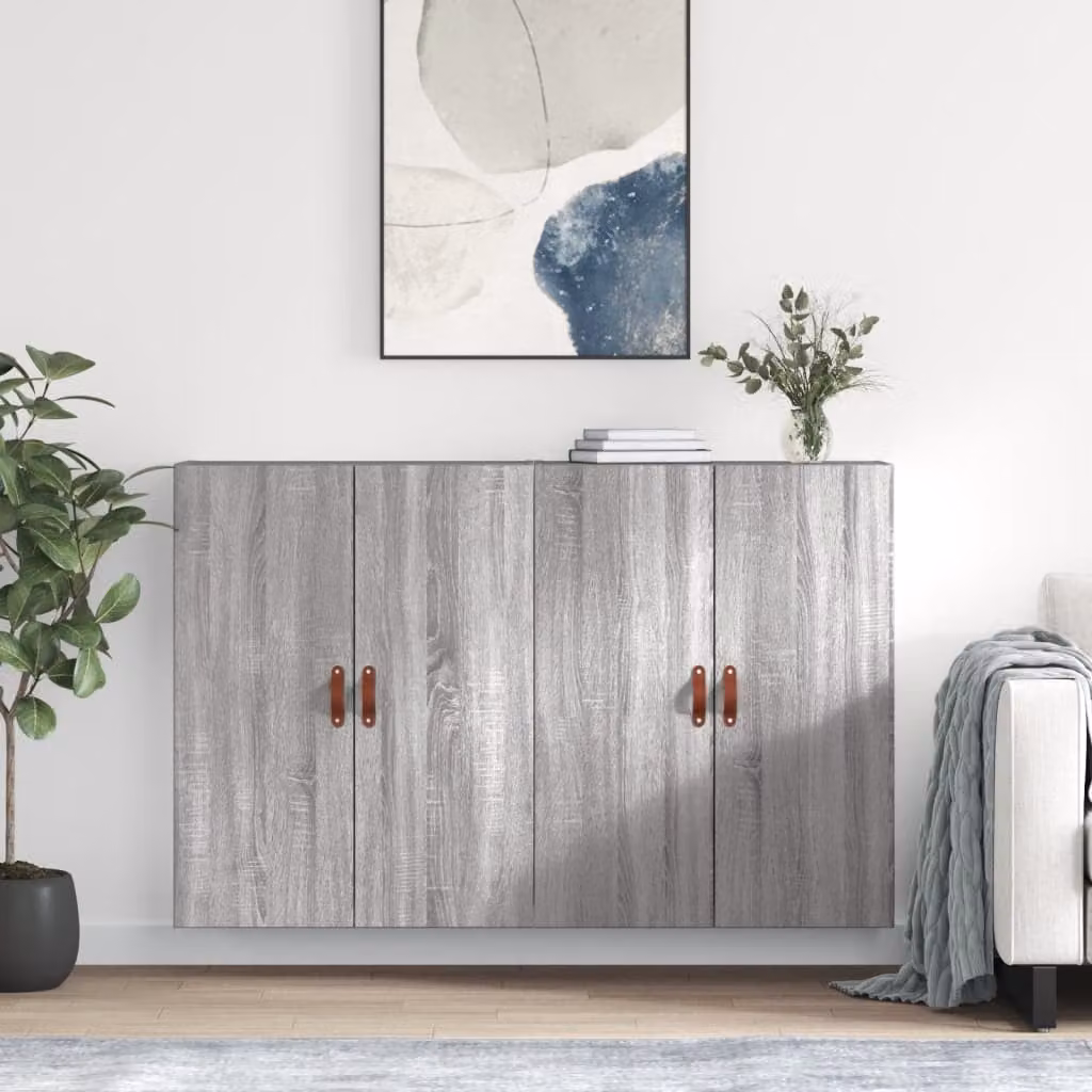 Set di 2 mobili a parete moderni vidaXL in legno MDF Grigio, L 69,5 cm x P 34 cm x H 90 cm