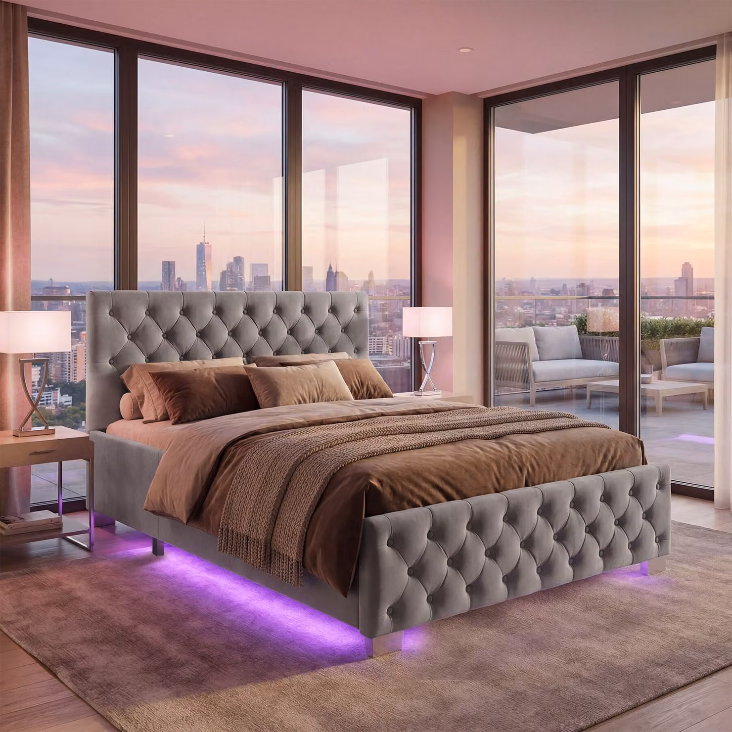 Letto imbottito modello Chesterfield tectake in tessuto grigio con contenitore a sollevamento e illuminazione LED sottostante L/P/H: 140 x 200 cm – 2